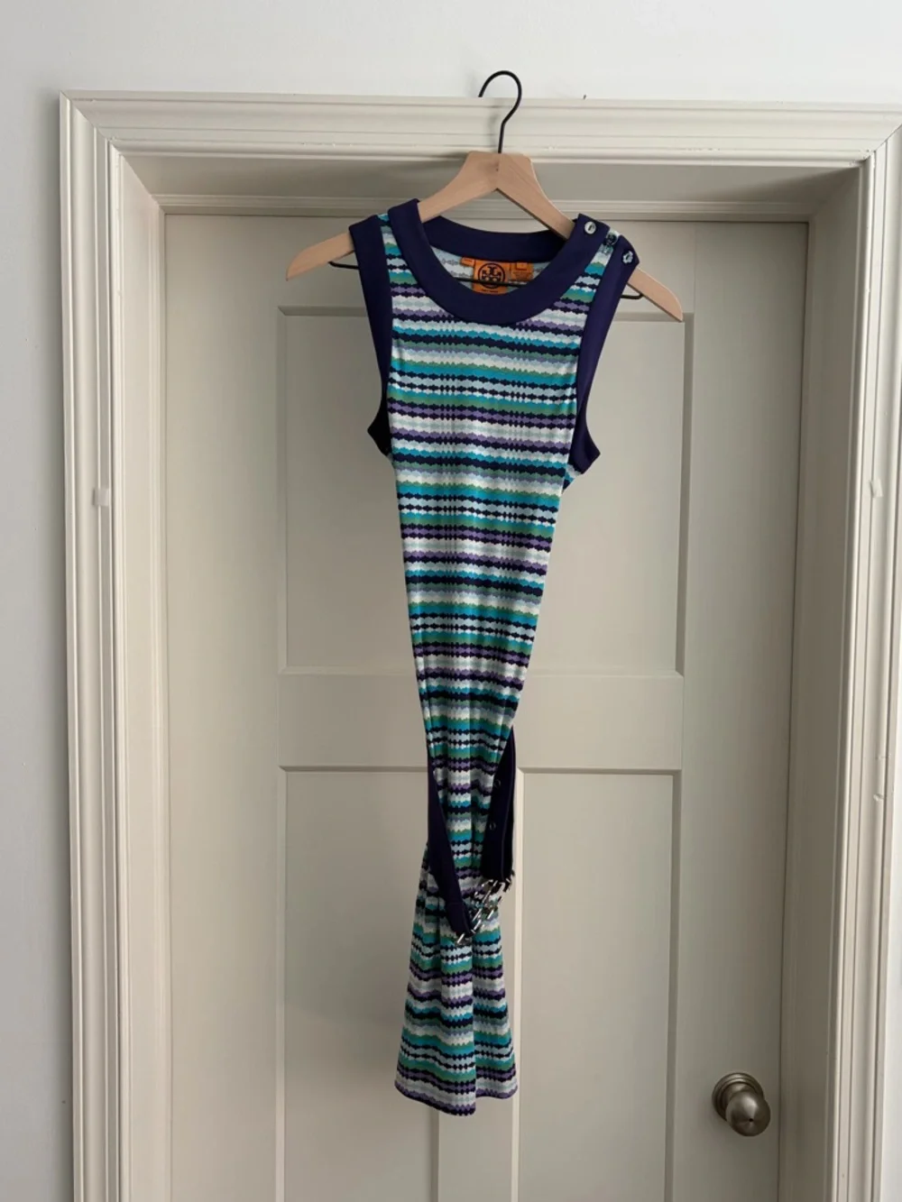 Tory Burch Striped Midi Dress in Navy, Aqua, White